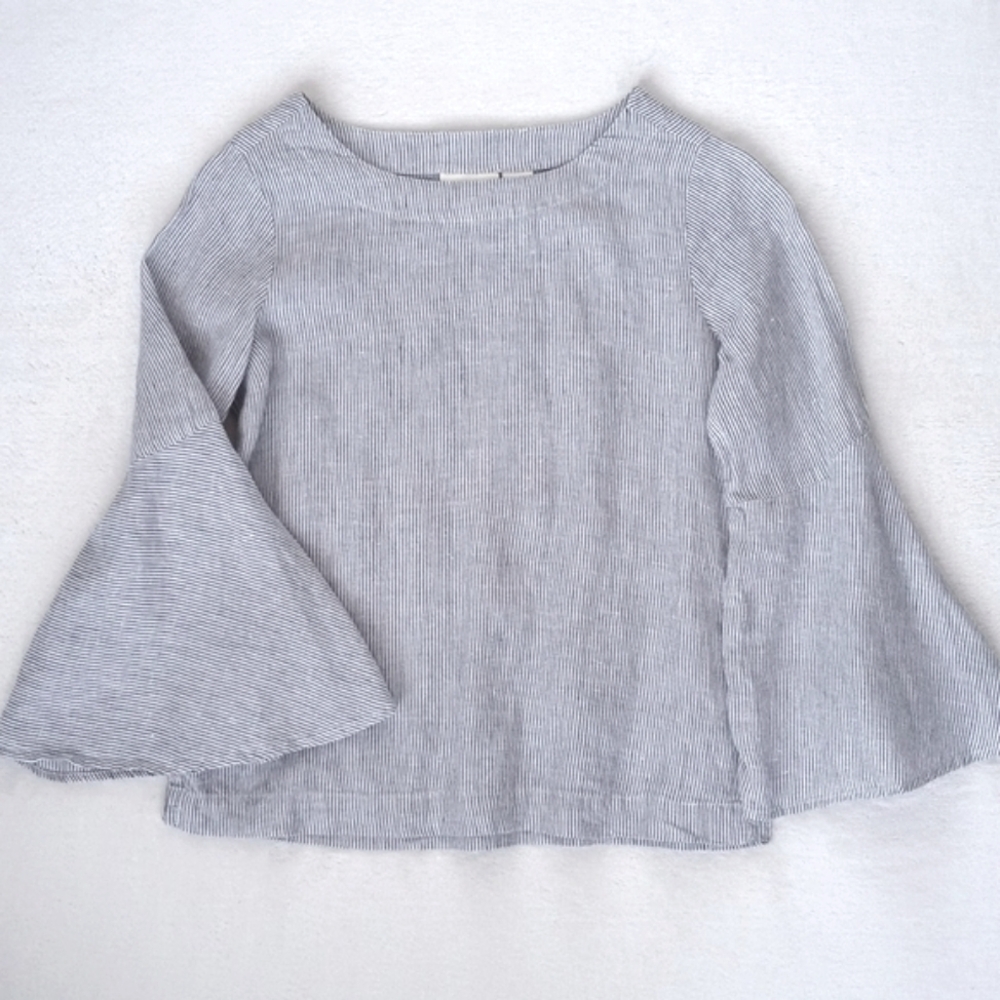 Cynthia Rowley 100% Linen Blue & White Pinstripe Bell Sleeve Top M - Picture 6 of 10